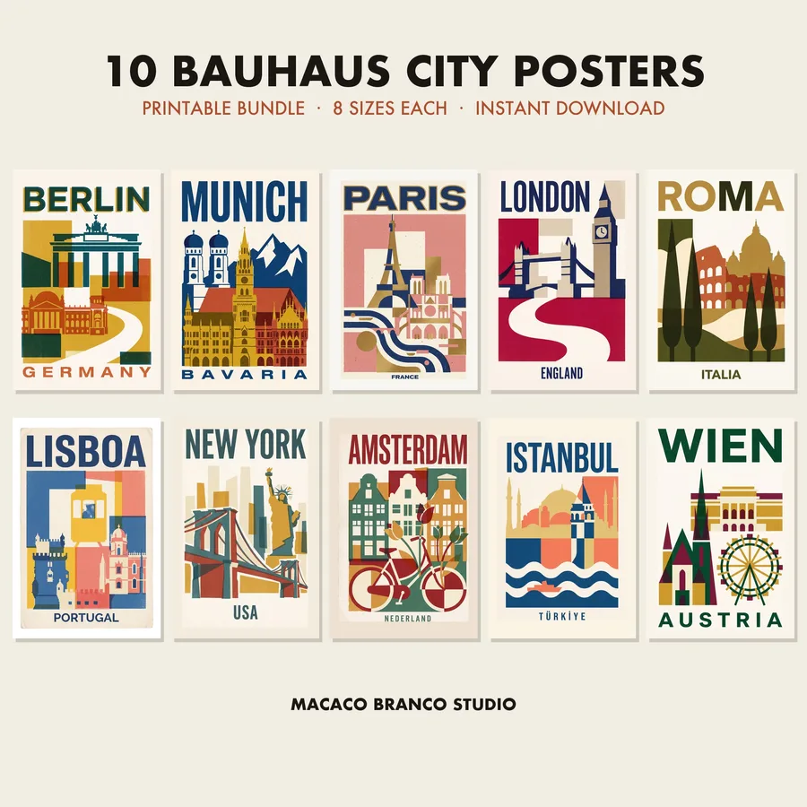 Zehn Bauhaus-Stadtposter im Raster