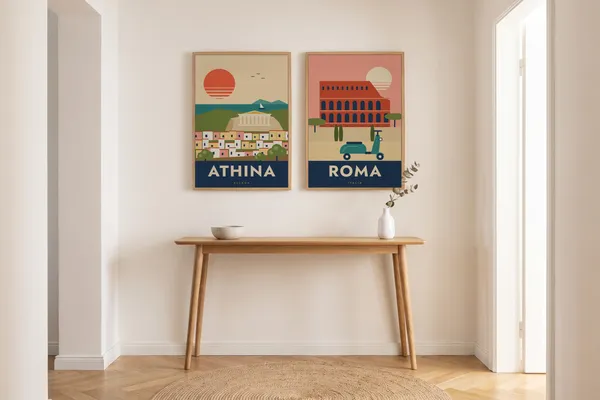 Athens Travel + Rome Travel Poster an der Wand