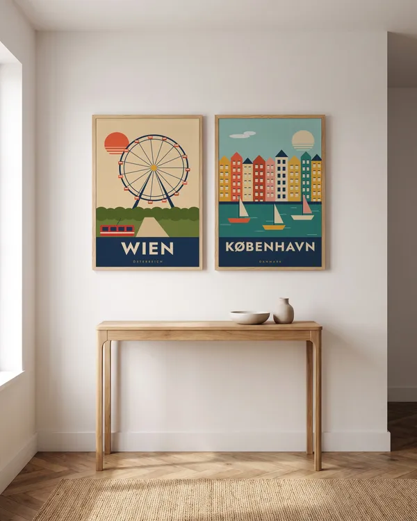 Vienna Travel + Copenhagen Travel Poster an der Wand