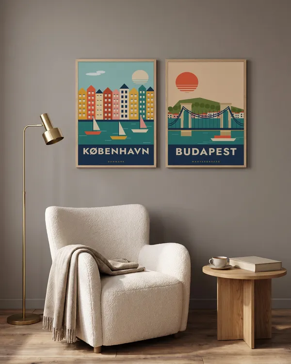 Copenhagen Travel + Budapest Travel Poster an der Wand