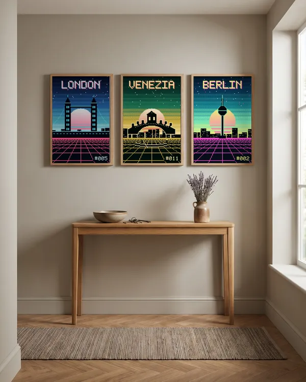 London Pixel Art + Venice Pixel Art + Berlin Pixel Art Poster an der Wand