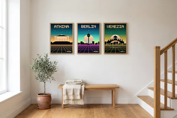 Athens Pixel Art + Berlin Pixel Art + Venice Pixel Art Poster an der Wand