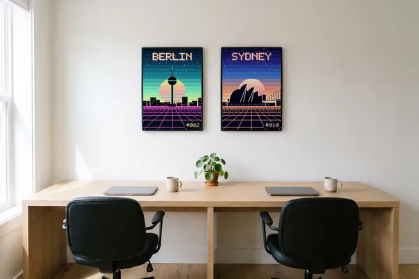 Berlin Pixel Art + Sydney Pixel Art Poster an der Wand