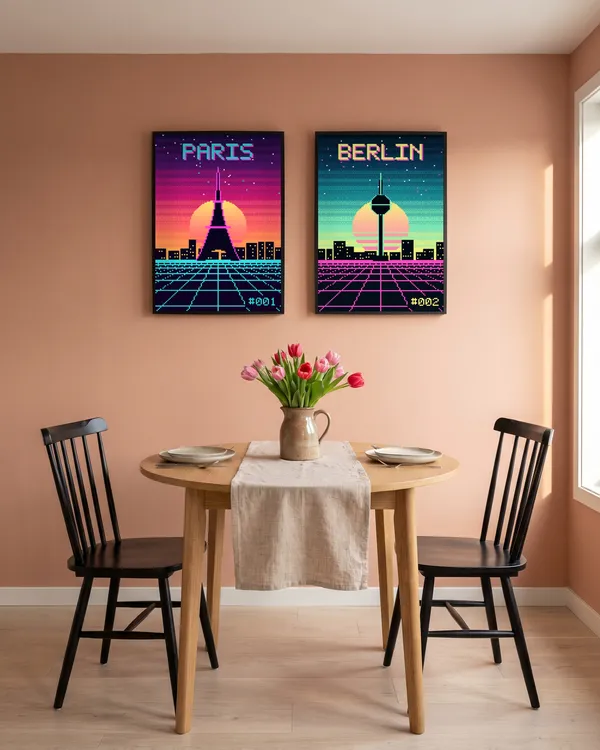 Paris Pixel Art + Berlin Pixel Art Poster an der Wand