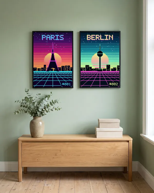 Paris Pixel Art + Berlin Pixel Art Poster an der Wand