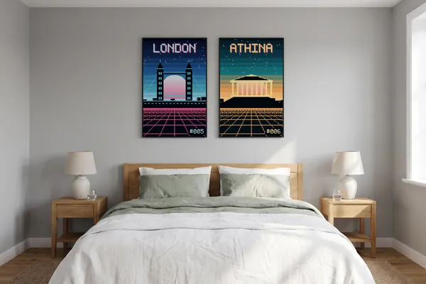 London Pixel Art + Athens Pixel Art Poster an der Wand