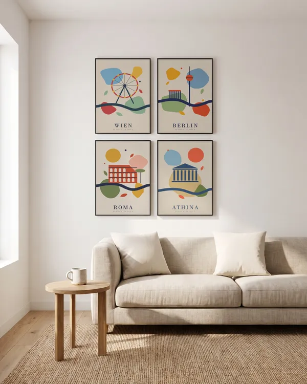 Vienna Abstract + Berlin Abstract + Rome Abstract + Athens Abstract Poster an der Wand