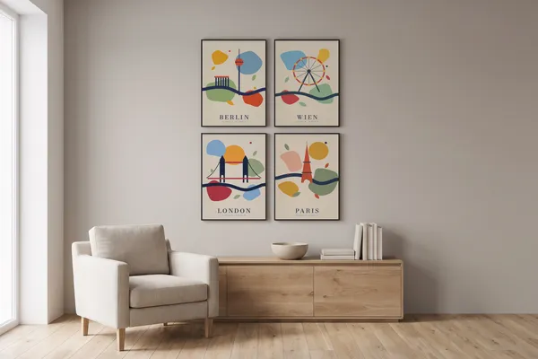 Berlin Abstract + Vienna Abstract + London Abstract + Paris Abstract Poster an der Wand