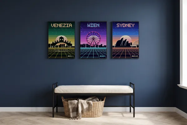 Venice Pixel Art + Vienna Pixel Art + Sydney Pixel Art Poster an der Wand