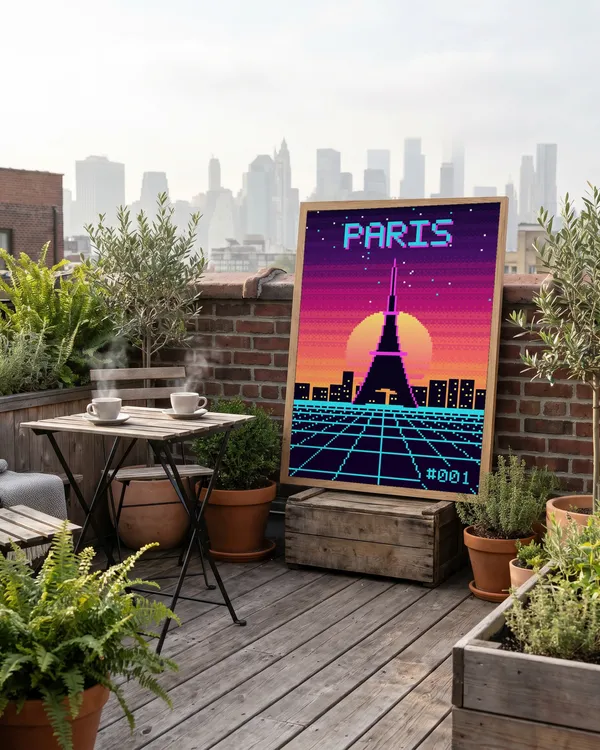 Paris Pixel Art Poster an der Wand