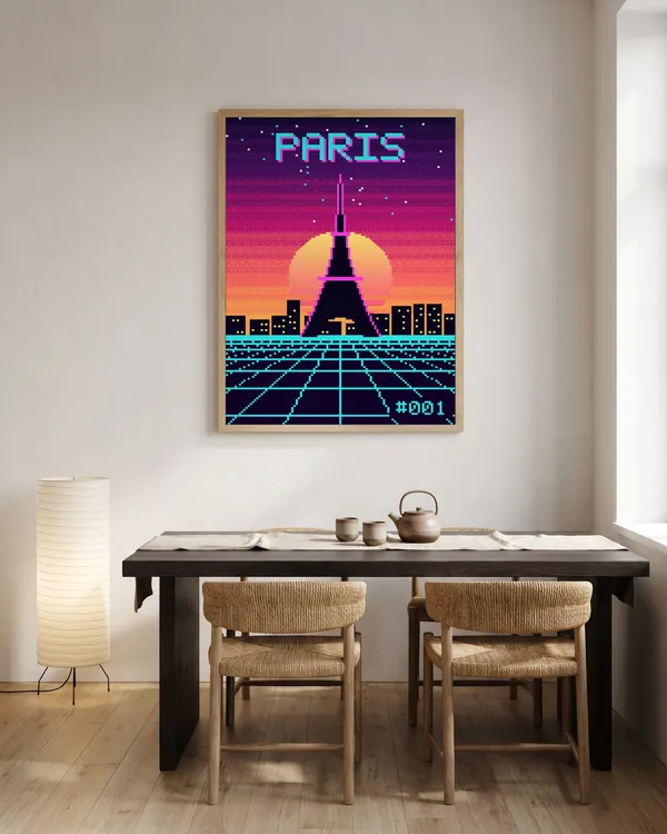 Paris Pixel Art Poster an der Wand