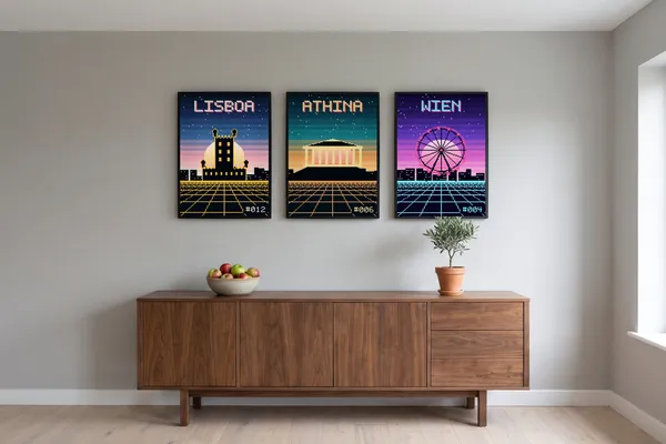Lisbon Pixel Art + Athens Pixel Art + Vienna Pixel Art Poster an der Wand