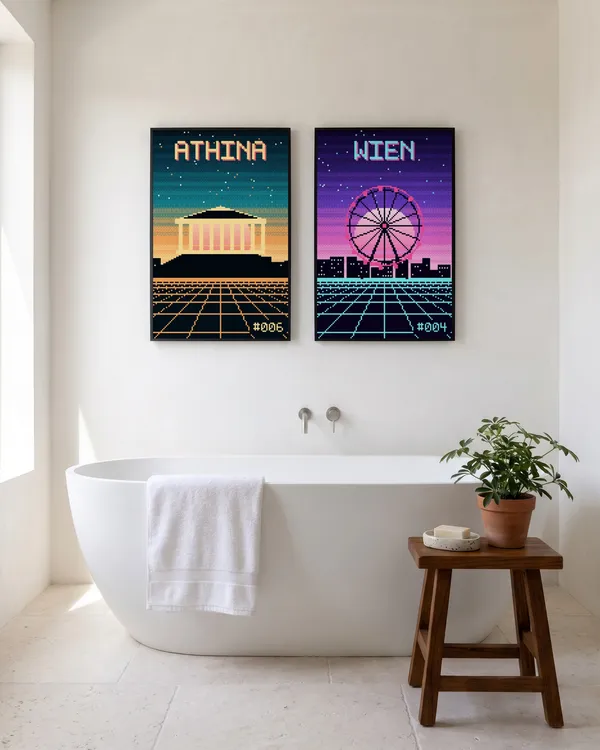 Athens Pixel Art + Vienna Pixel Art Poster an der Wand