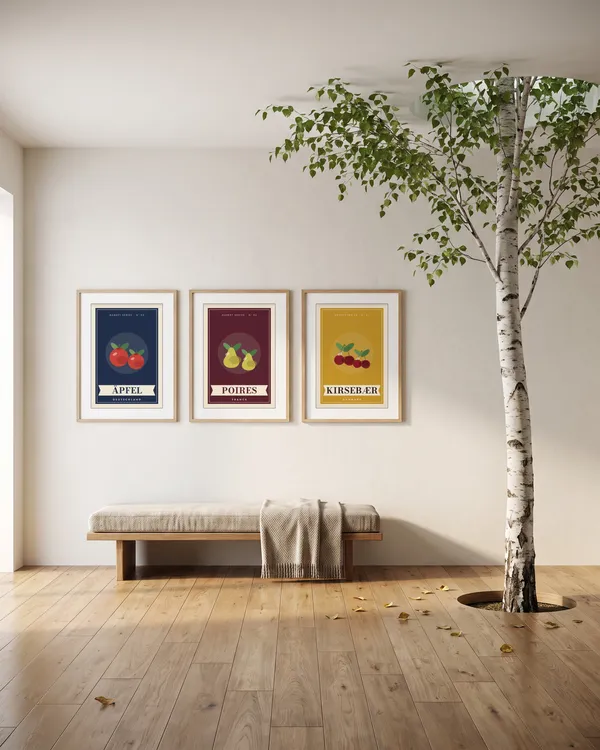 Äpfel + Poires + Kirsebær Poster an der Wand