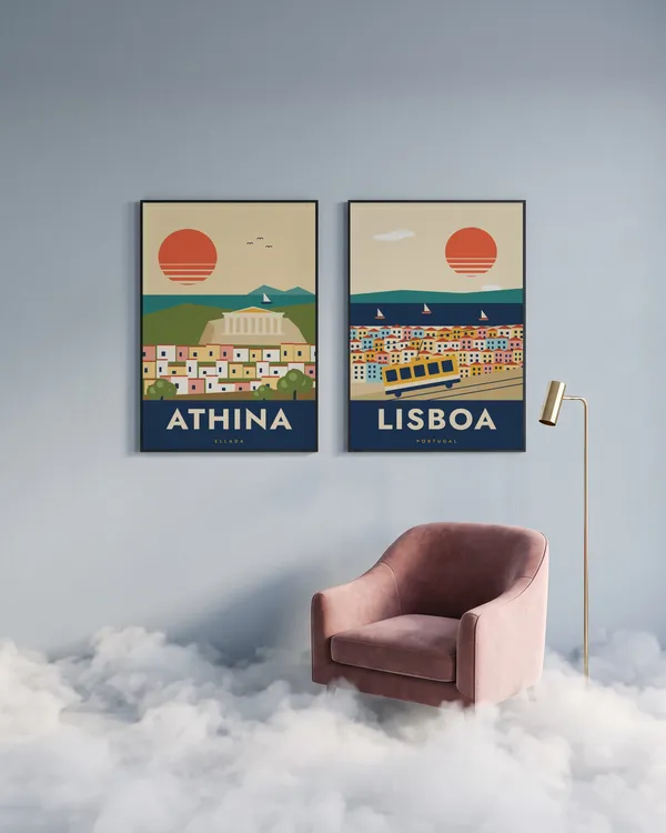 Athens Travel + Lisbon Travel Poster an der Wand